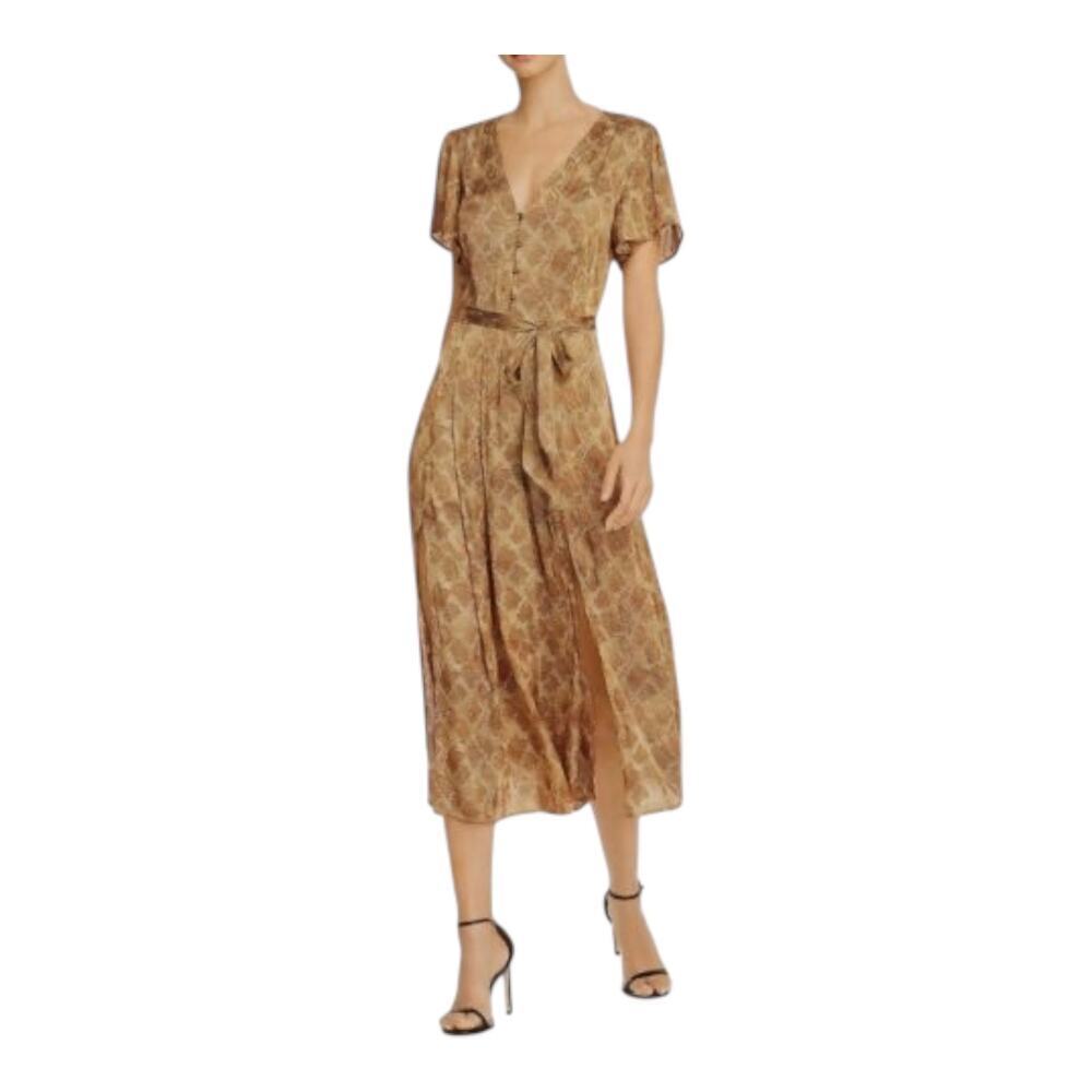 Paige Alayna Snakeskin Print Midi Dress In Bronze Size Small Nwot Belted Satin